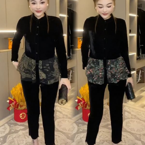 气质时尚丝绒套装女23秋季洋气百搭收腰显瘦荷叶边上衣裤子两件套