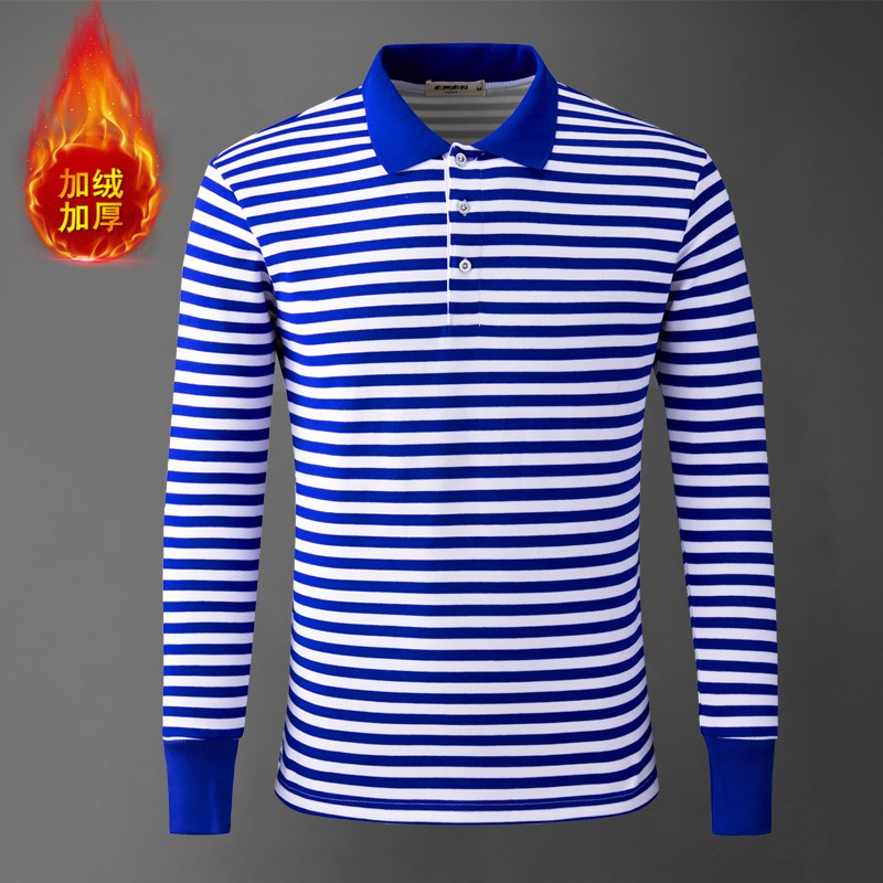 冬季翻领条纹polo衫加绒加厚保暖长袖海魂衫带领t恤水手服棉衬衫