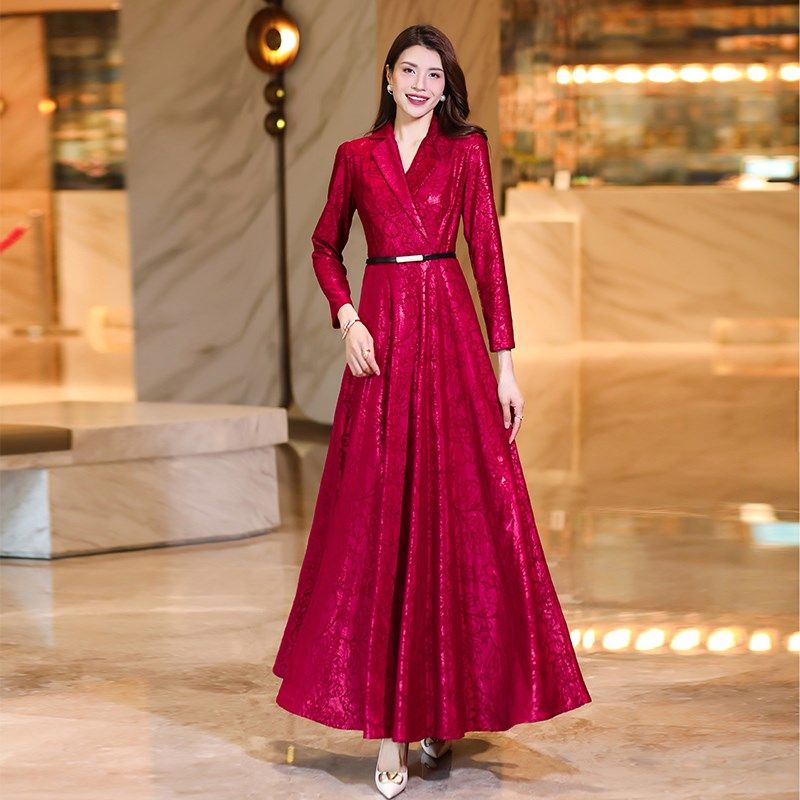 2024秋季新款长袖连衣裙女气质收腰西装领过膝长款大摆长裙到脚踝