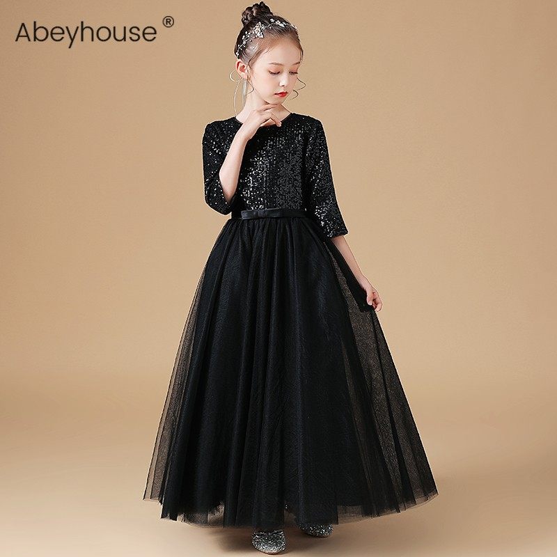 中大童高档钢琴演出服女童亮片生日礼服黑色小提琴演奏服乐团指挥