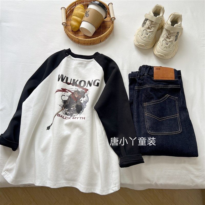 中大童纯棉长袖T恤悟空插肩袖加厚卫衣打底衫黑白男女童国潮风