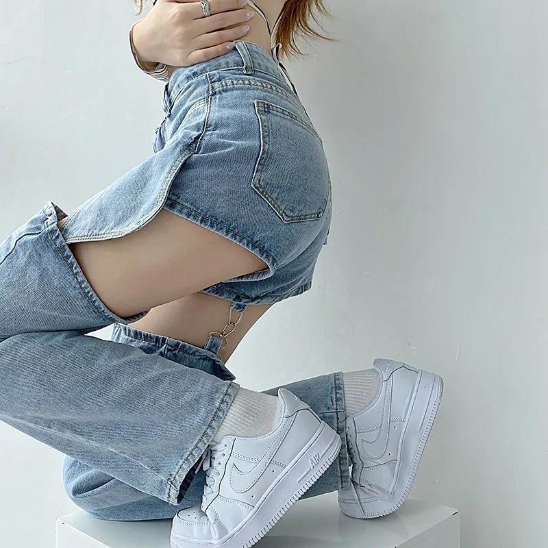 假两件破洞牛仔裤女高腰直筒可拆卸辣妹裤子小众设计感复古阔腿裤