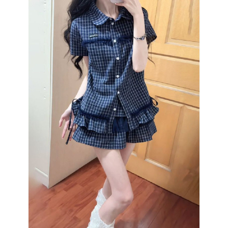 夏季甜美学院风小个子网纱拼接格子衬衫搭配高腰半身短裙两件套装