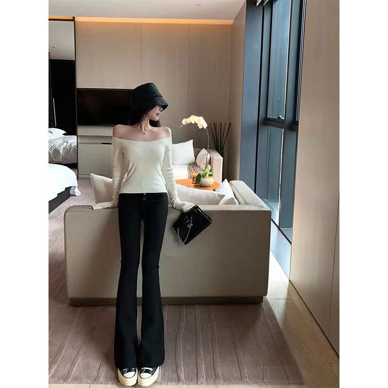 titi小姐姐高光腿精时刻休闲裤女黑色高腰紧身喇叭裤包臀长裤