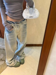 SUNONEONE 浅色水洗渐变牛仔裤女秋新款低腰宽松慵懒阔腿休闲裤子