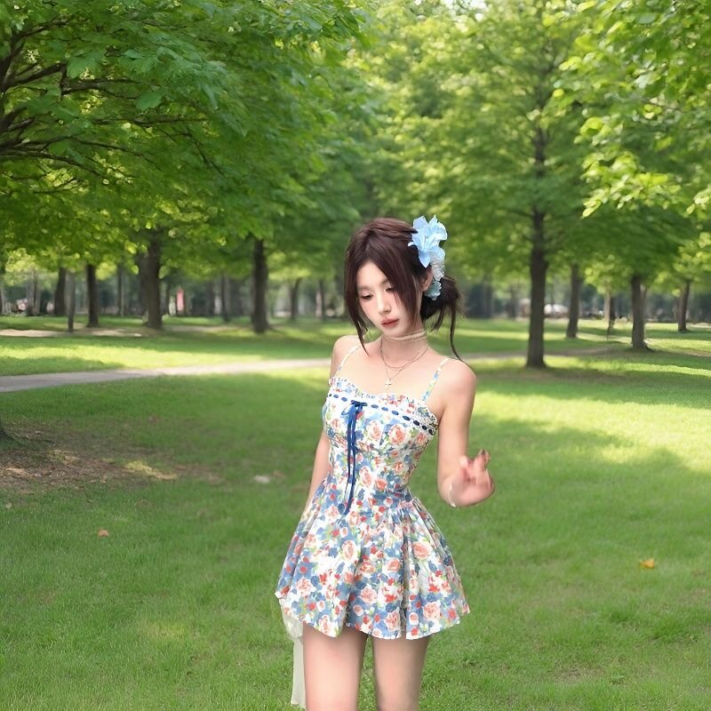 五一出游超仙洋气吊带女遮肉甜美碎花连衣裙搭配防晒针织开衫