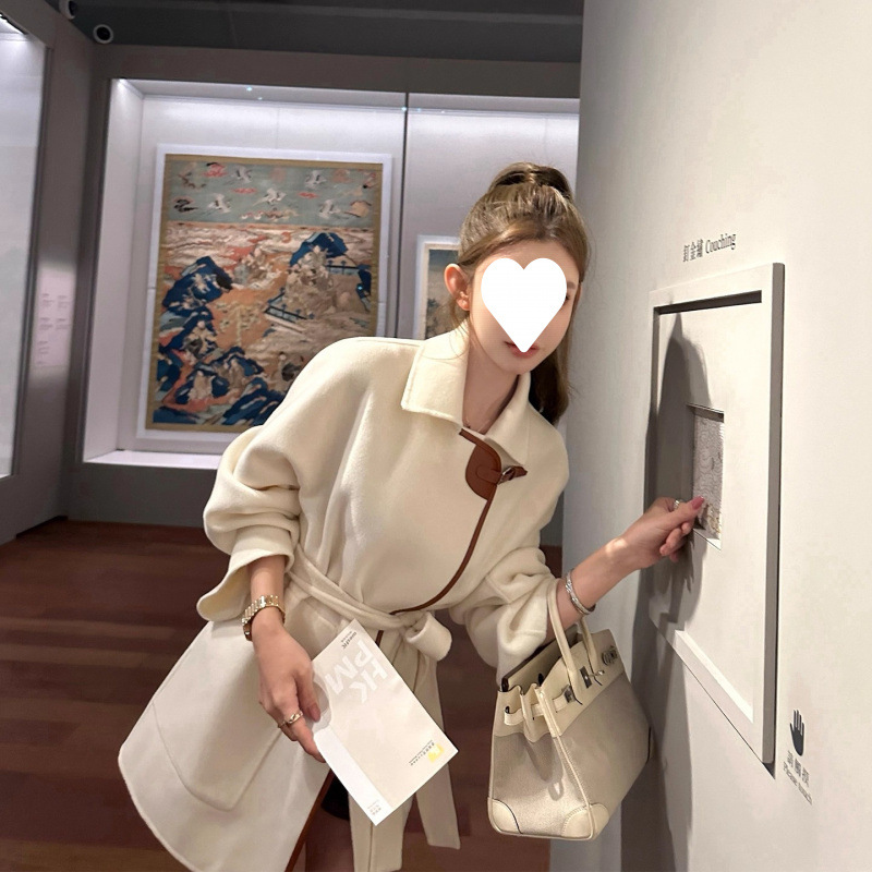 现货早安樊art gallery毛呢大衣羊毛呢子皮袢双面毛呢中长款外套