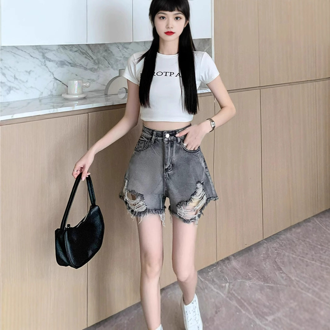 烟灰色破洞牛仔短裤女夏季薄款2025年新款高腰撞色小个子a字热裤