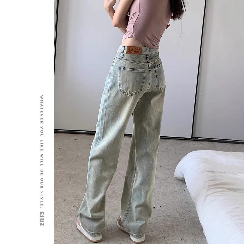 浅色窄版阔腿牛仔裤女小个子春季新款高腰宽松直筒拖地裤子女百搭