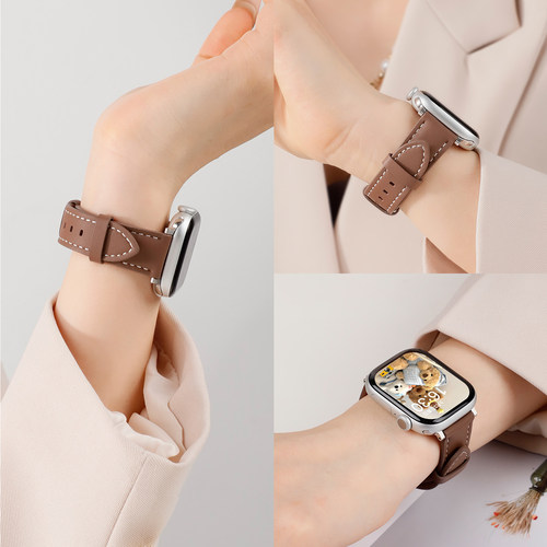 适用于applewatchS11真皮表带iWatchs10/9苹果S8手表ultra3/2新款腕带轻奢高级7商务6皮革3表链se时尚ins复古
