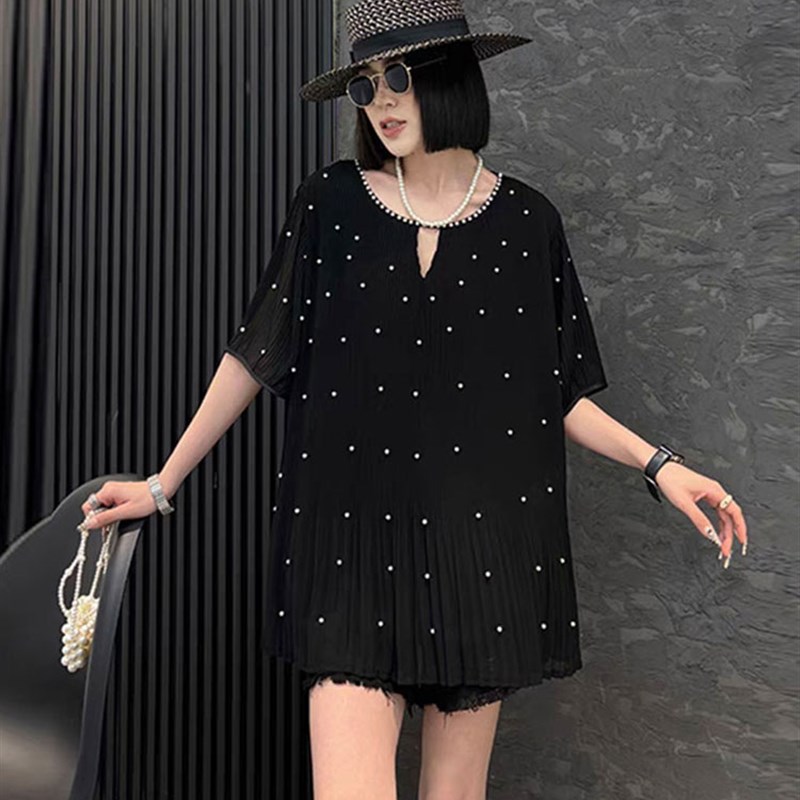 大码女装2024夏季新款胖mm时尚洋气加肥显瘦重工钉珠短袖大衫上衣