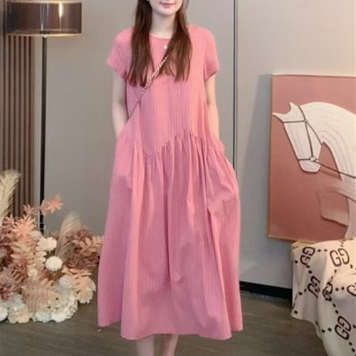 孕妇装2025夏季新粉红时尚宽松苗条甜美圆领薄短袖长款女性