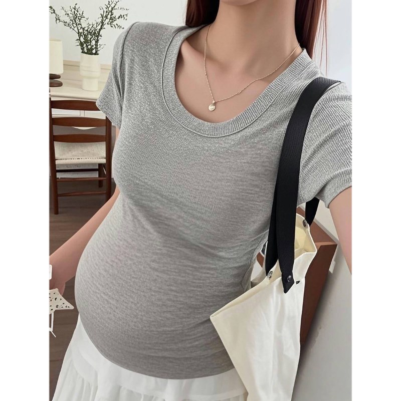 孕妇装夏季新款u领短袖正肩纯色T恤衫休闲款修身高弹力小个子上衣