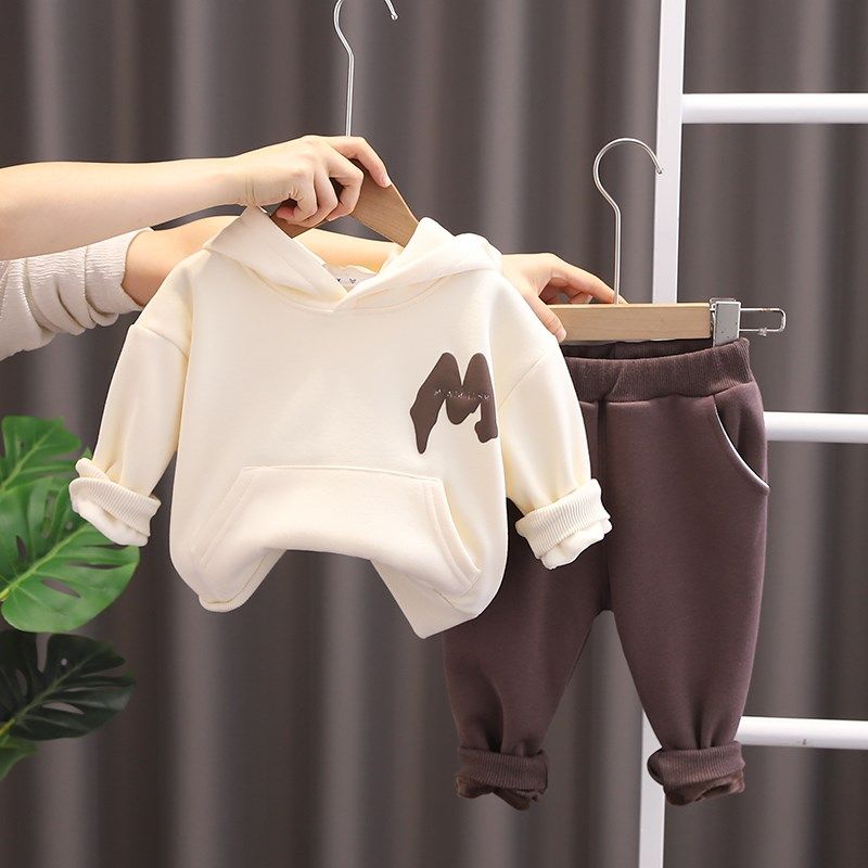 男童加绒卫衣套装秋冬款2024新款儿童加厚N衣服宝宝冬装运动两件