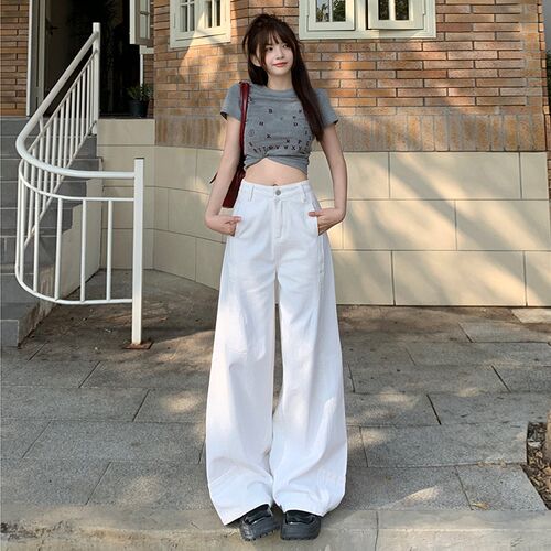 白色休闲裤阔腿牛仔裤女夏季薄款2025新款宽松垂感拖地裤弯刀裤子