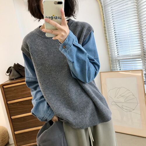 假两件套头圆领针织衫女2024年秋款新款宽松韩版休闲牛仔拼接毛衣