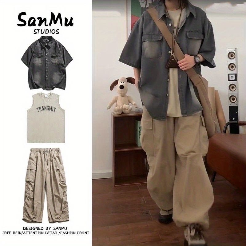 三件装/单件日系水洗做旧短袖牛仔衬衫男学院风覆古工装衬衣套装