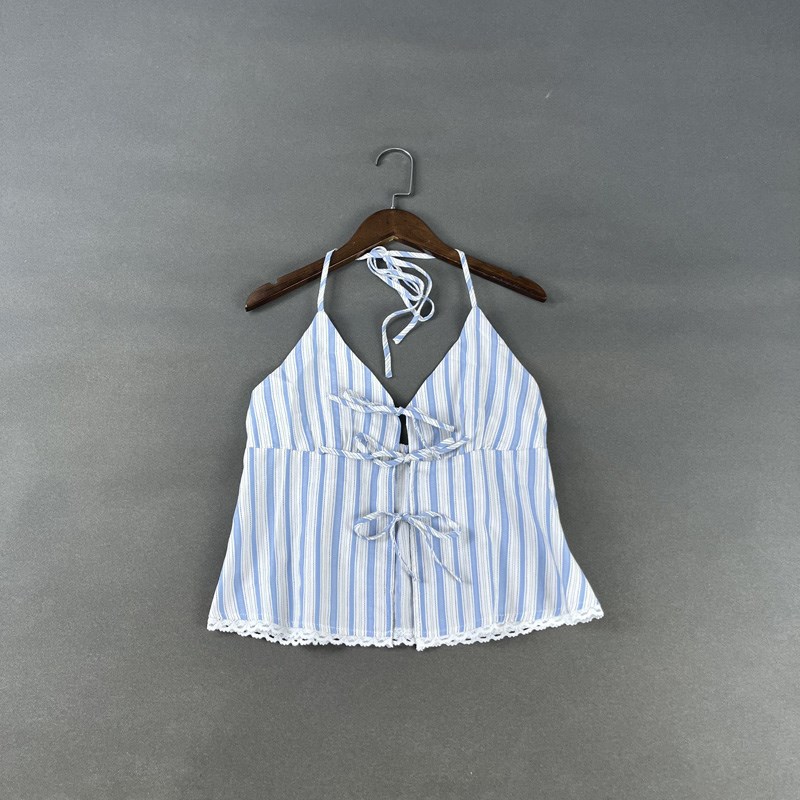 外贸女装夏季辣妹纯欲风条纹提花短款系带挂脖V领吊带背心上衣潮