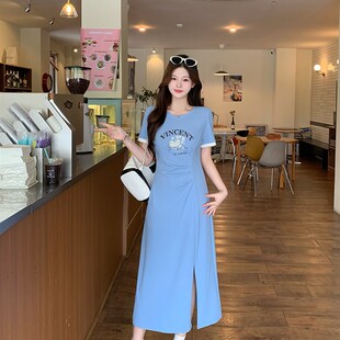女设计感复古印花图案撞色开叉修身 胖mm大码 连衣裙 新款 2025夏装