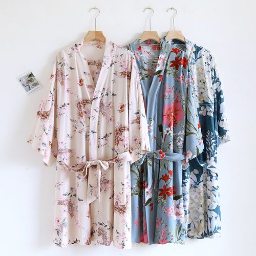夏季棉绸和服睡袍女薄款高级感人棉浴袍家居服晨袍春秋印花宽松