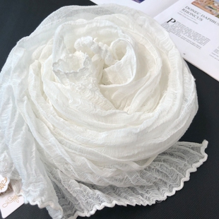 春秋季苎麻纯棉麻围巾女白色姜黄色超长I薄款文艺褶皱披肩亚麻丝