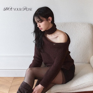张元英同款丨Notyourrose单肩针织衫围脖套装露肩设计纯欲风毛衣