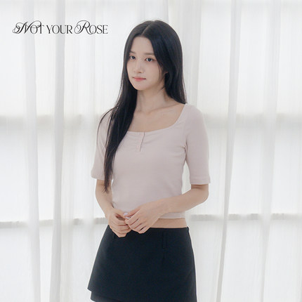 Notyourrose秋2025年新款方领纽扣T恤刺绣logo中长法式袖休闲内搭