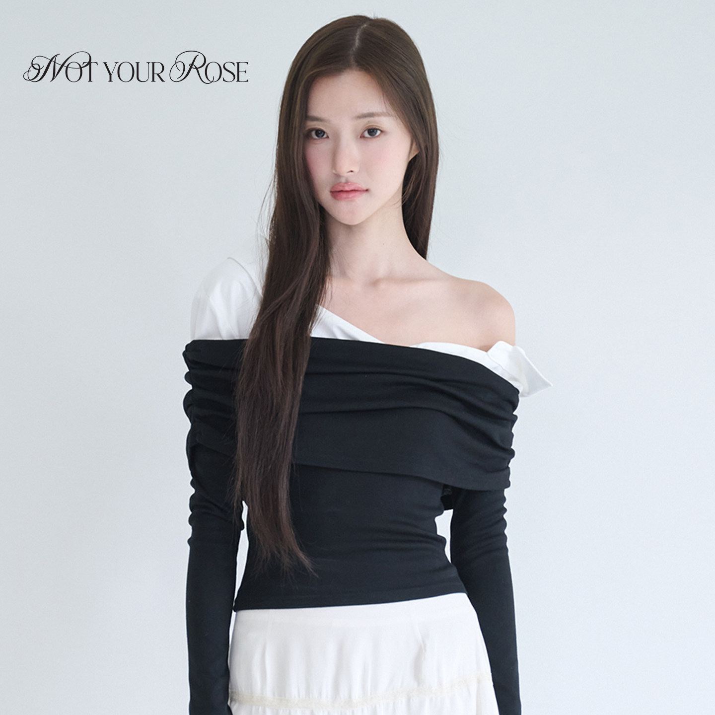 宋河英允仔张元英同款Notyourrose韩系法式衬衫拼接一字露肩上衣