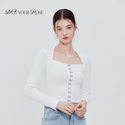 张元英蔡依林同款Notyourrose春夏方领勾扣长袖修身显瘦T恤上衣女