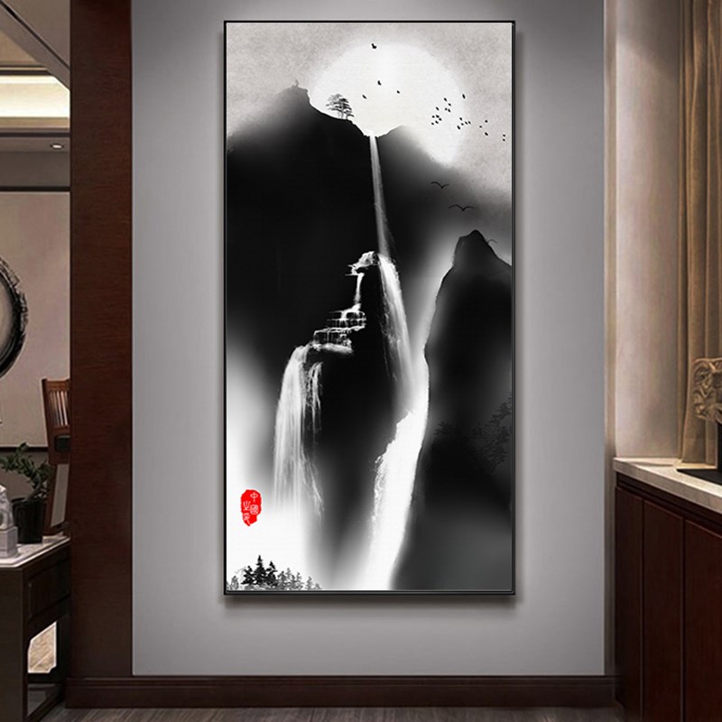 现货速发中国墨山水中式走廊装饰画玄关挂画高山流水复古禅意过道图片