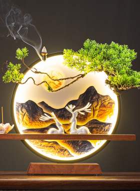 速发新中式对鹿山水灯摆桌倒流香室内茶观造景办公室书房景室件面