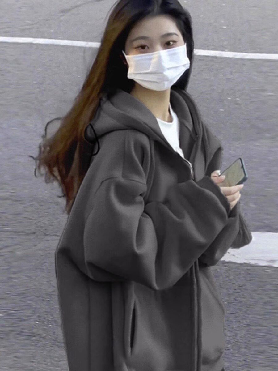 速发秋冬季加系连帽卫衣ovzrsiee大码韩绒简约风潮纯色开衫外套