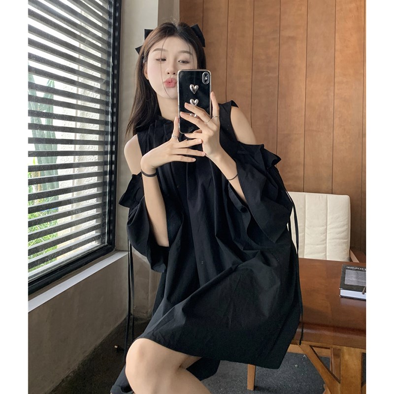 速发大码设计露绑带感肩宽松遮肚连衣裙夏季小个子a字短裙