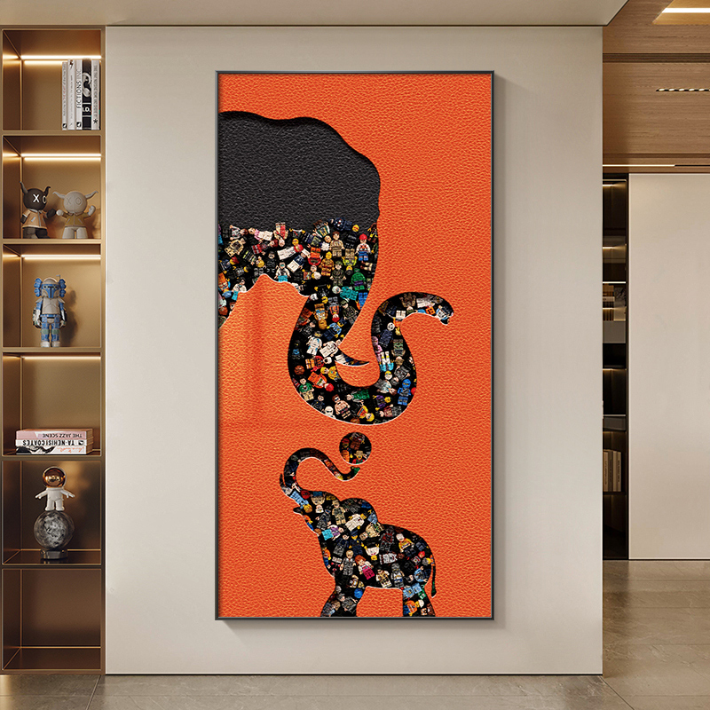 速发大象玄关装饰画走象过道挂抽轻奢高级感积木实物画客厅画廊画