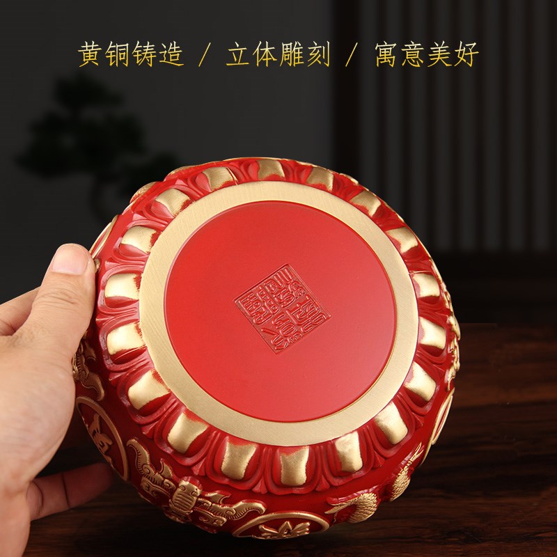 速发红色聚宝盆黄铜摆件家居八福招財玄关客厅电视柜办公黄铜米缸