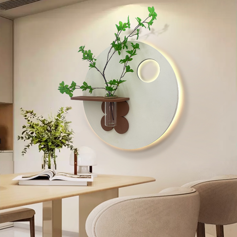 速发餐厅装饰画意创带花瓶圆形挂画绿款水培新植实物画奶油风客厅