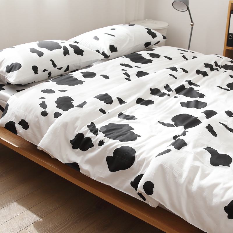 富山牛乳卡通白色黑色奶牛全棉床单被套枕R套被罩床笠可定做
