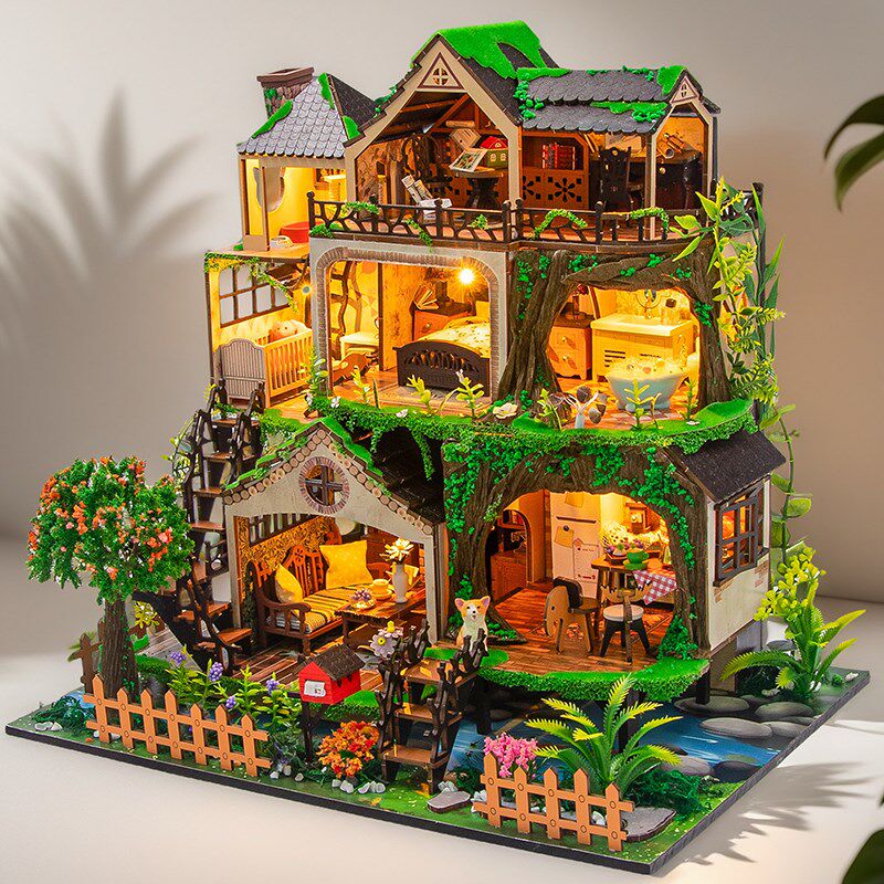 新品diy小屋微缩场景童话森林手工拼H装积木房子建筑玩具模型别墅