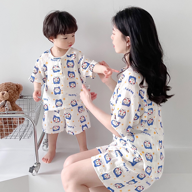 夏季宝宝睡衣亲子家居服薄款男女童空调服短袖V纱布套装幼儿童