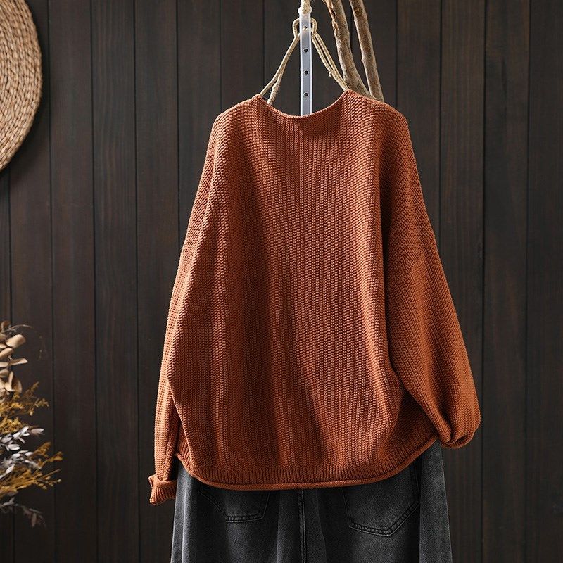 小鱼贴布V领棉线针织毛衣女宽松长袖秋J文艺休闲百搭大版遮肉上衣