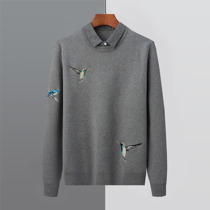 秋冬新款假两件毛衣男加绒加厚衬衫领针织衫男潮流刺绣Z小鸟打底