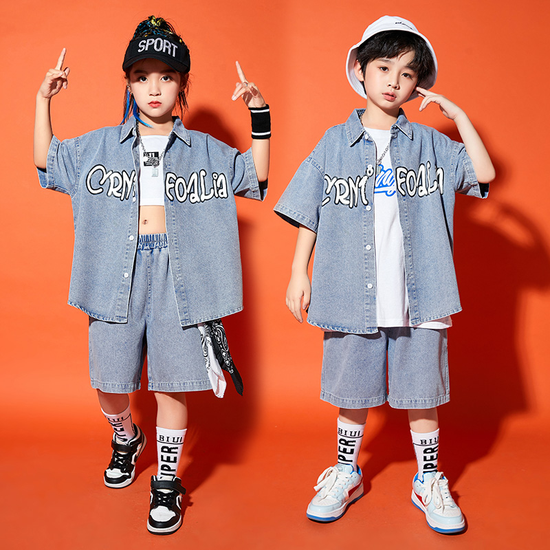 儿童街舞潮服男i童嘻哈牛仔套装表演服夏季女童街舞架子鼓演出服
