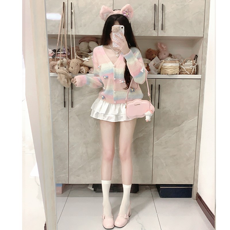 彩虹毛衣外套女秋冬慵懒t风宽松网红百搭加厚针织开衫短款毛线衣