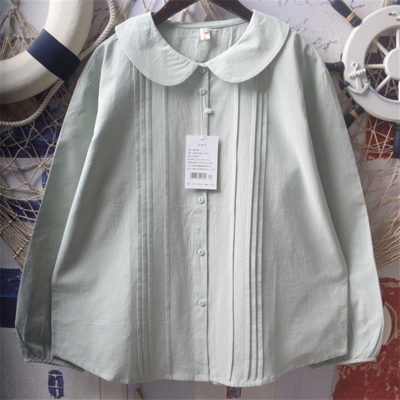 日系软妹风琴压褶宽松文艺娃娃领衬G衫长袖女上衣气质百搭衬衣