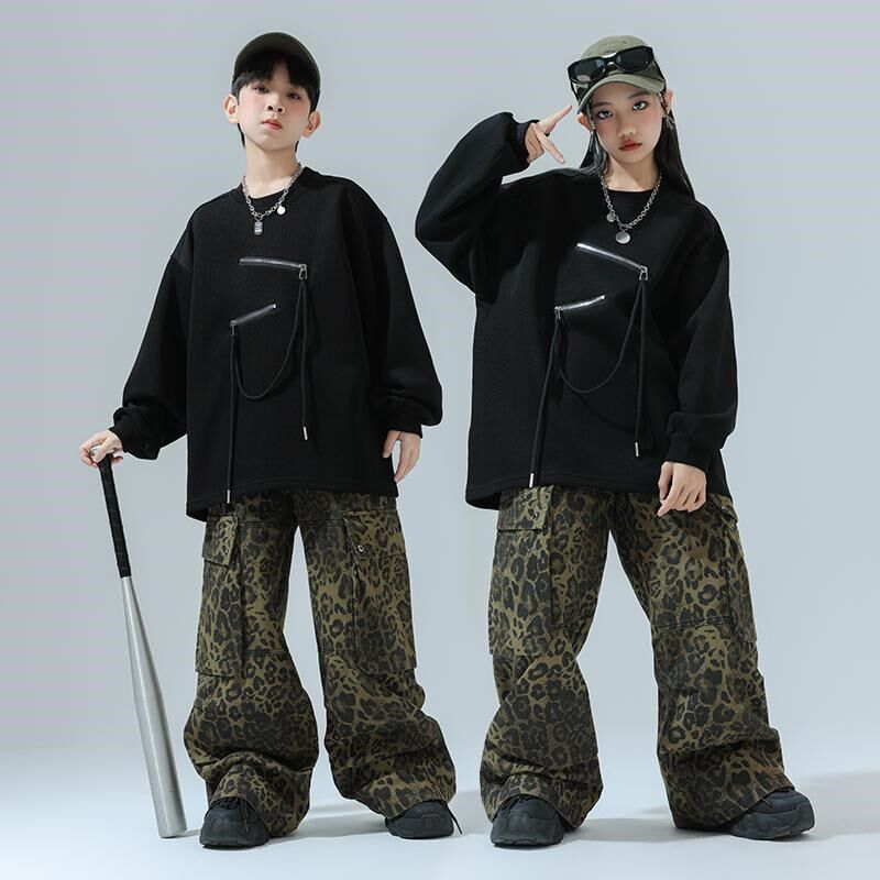 儿童街舞嘻哈演出服套装hiphop架F子鼓豹纹工装裤潮服男女童爵士