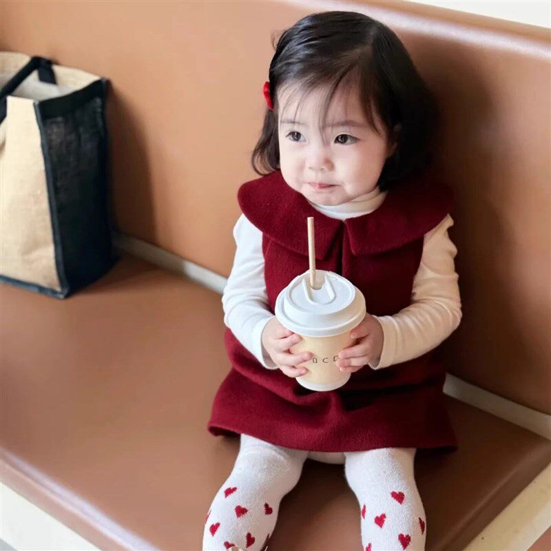 女宝宝圣诞毛呢连衣裙套装t婴幼儿秋冬可爱娃娃领生日礼服裙拜年