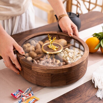 北美黑胡桃实木果盒家用零食瓜子水果盘客厅茶几可旋转干果收纳盒