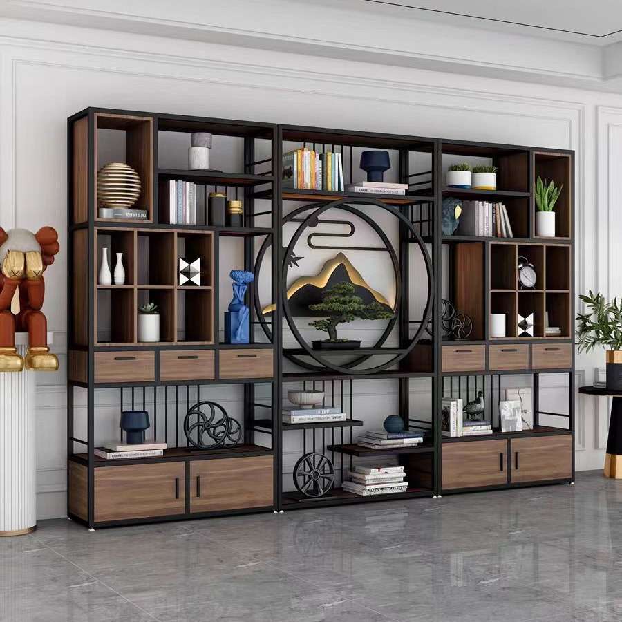 新中式铁艺博古架书架展示架办公室隔断柜餐厅实木茶柜茶室置物架