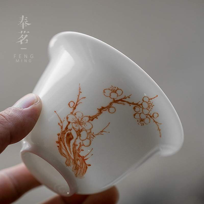 白瓷陶瓷盖碗 茶杯三才盖 碗手绘白瓷敬茶杯 陶瓷茶具红色梅花