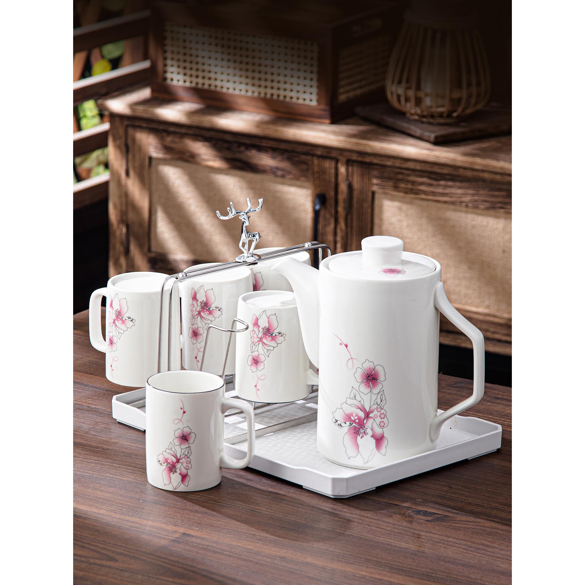 水杯家用套装高级感轻奢风大容量客厅乔迁水杯北欧水具紫荆花杯子